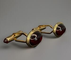 Vtg Krementz Gold Overlay Cuff Links Garnet Colored Glass Cabochon Jeweled Flips